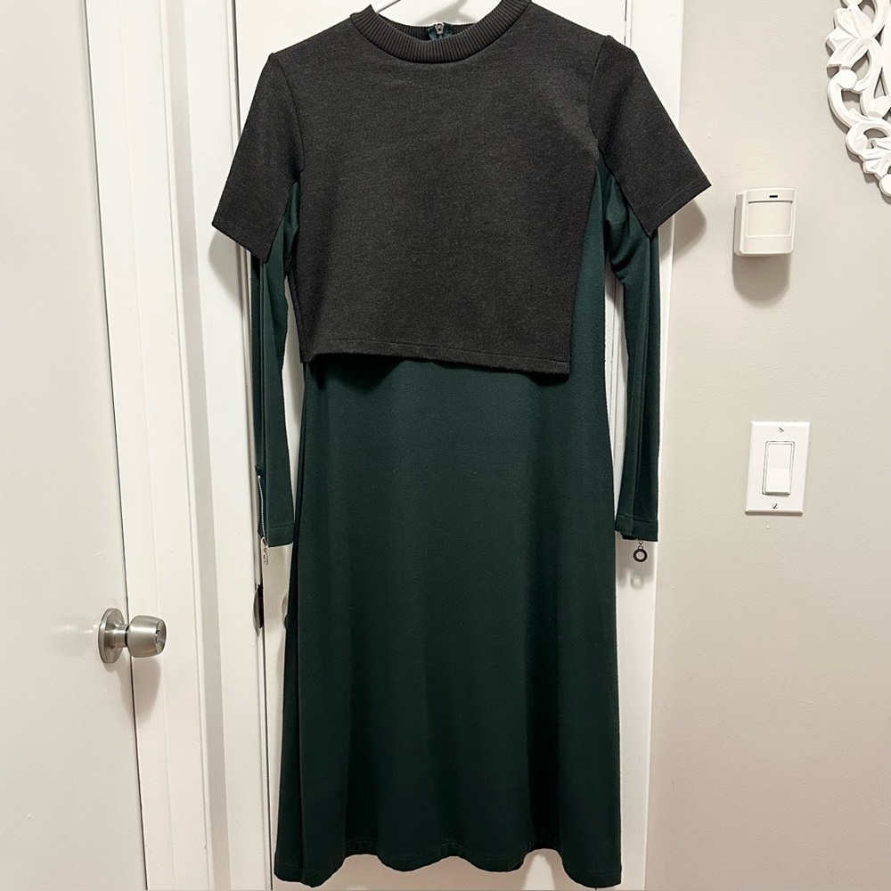 Ermanna Asymmetrical Sweater Overlay Long Sleeve Midi Dress Sz M Gray & Green